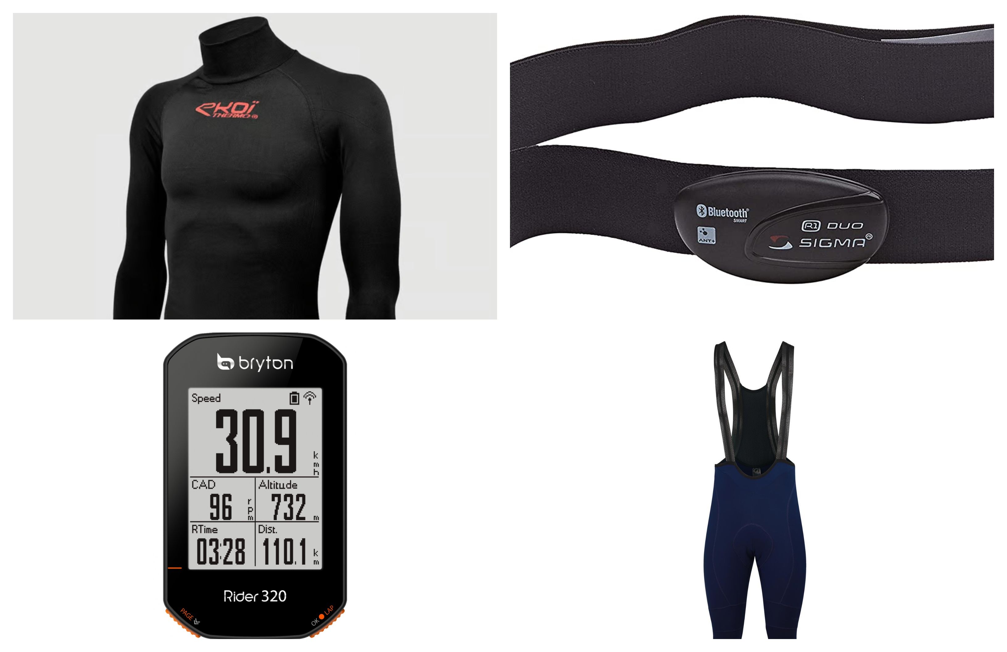 Una banda de pecho Sigma Sport, una camiseta térmica Ekoi, un ciclocomputador Bryton Rider 320
