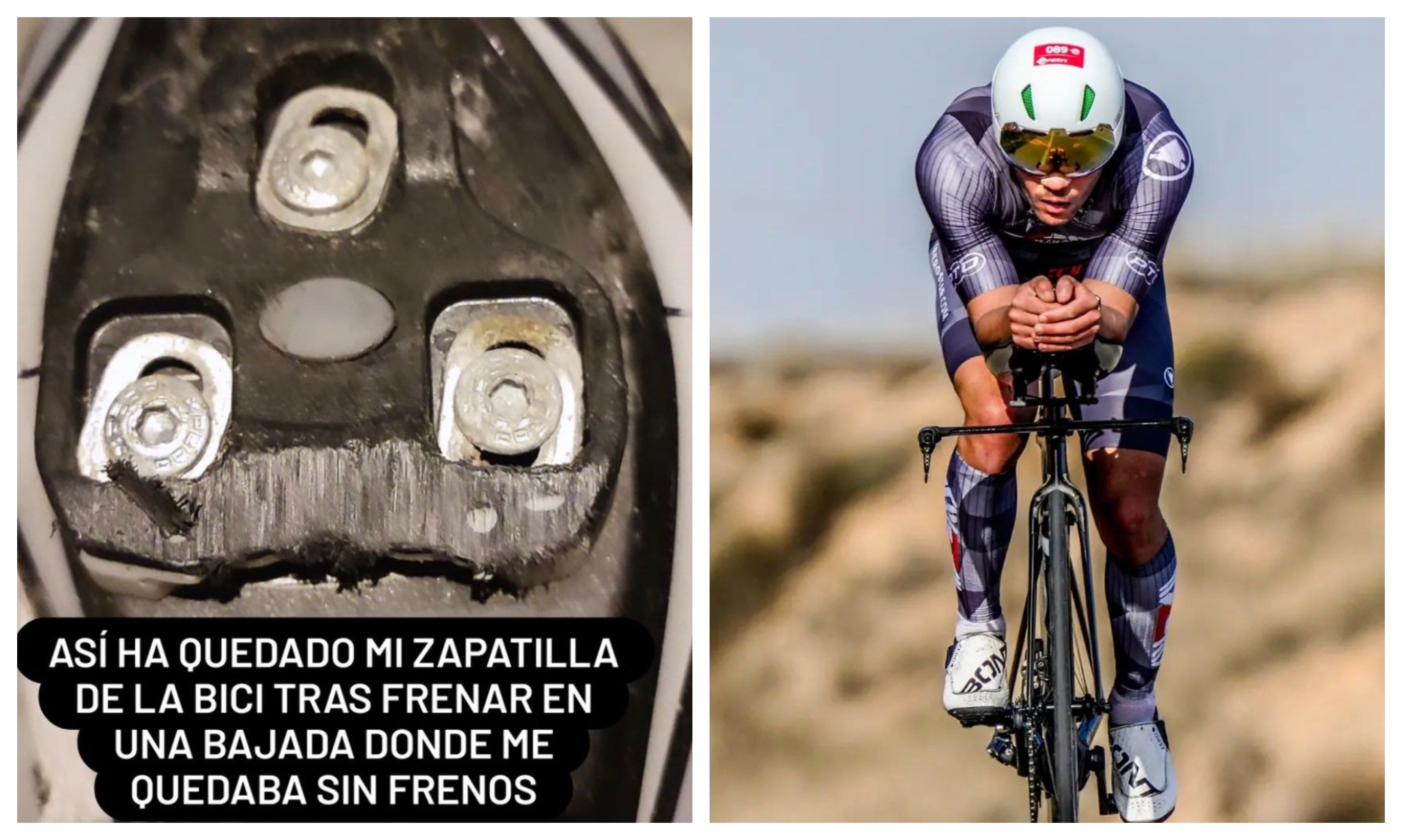 Así ha quedado mi zapatilla de la bici tras frenar en una bajada donde me quedaba sin frenos