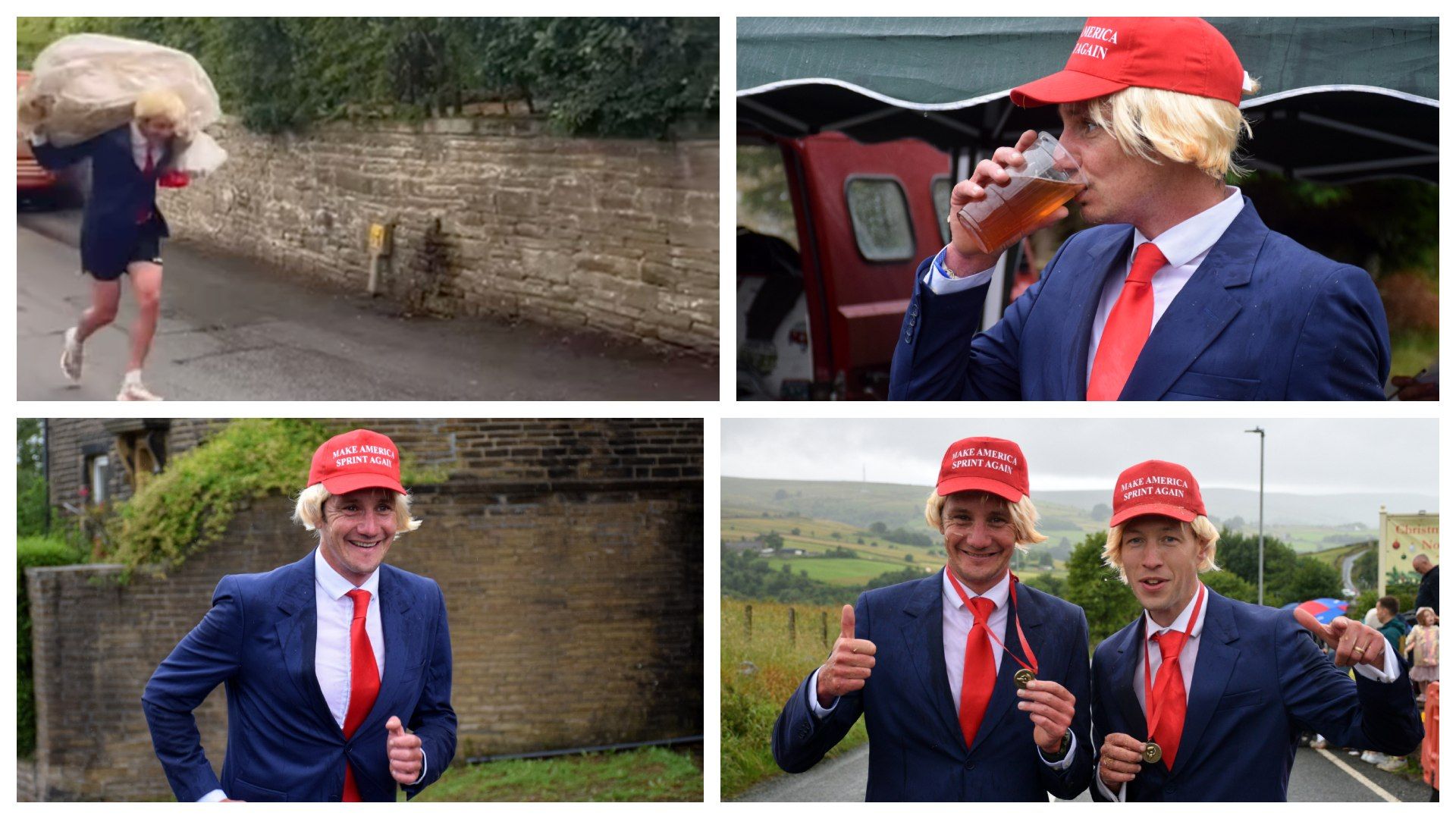 La 'loca' carrera de Alistair  ¡Con una paca de paja, disfrazado de Trump y bebiendo cerveza!