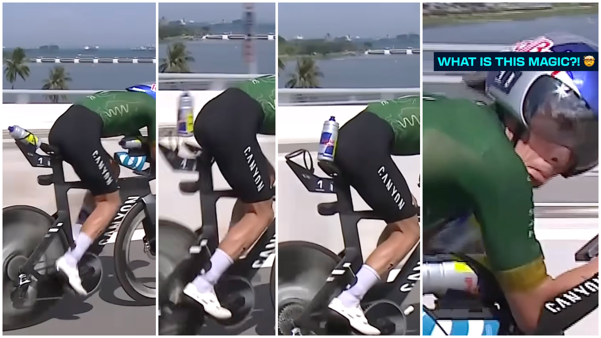 Hayden Wilde 'hace magia' con el bidón de la bici en el T100 de Singapur