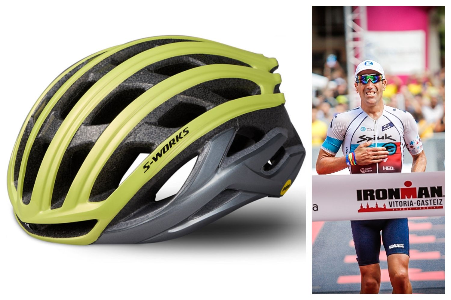 Por sólo un 1 € de donativo puedes ganar un dorsal para un IRONMAN o un casco como el de Noya.