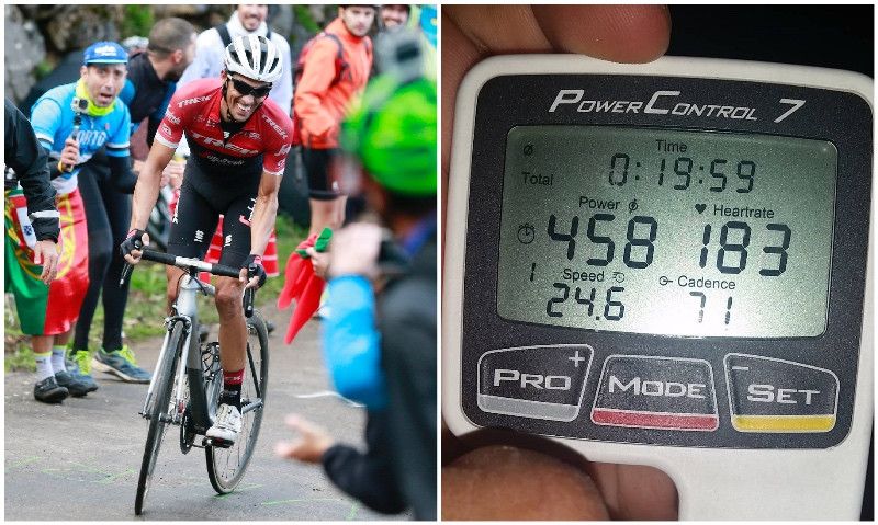 El computador de Alberto Contador con los datos de un test en subida de 20 minutos.