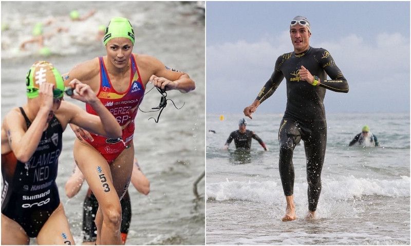 Sara Pérez e Iván Álvarez, acabando el segmento de la natación.
