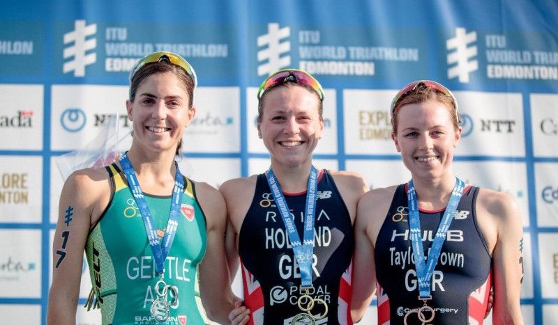 El podio de la prueba élite femenina de las WTS de Edmonton 2018.