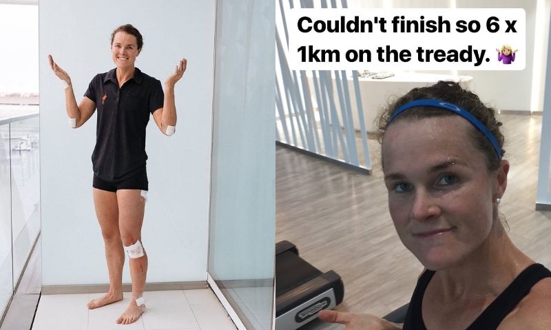La triatleta de Bermudas, con las heridas que le dejó la caída.