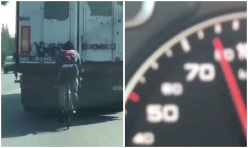 (VÍDEO) Un ciclista, a 80 km/h 'tras camión'
